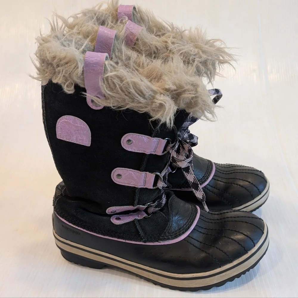 SOREL Youth Joan Of Arctic Black Purple Lace-up Winter Boots Fur Trim Size 6